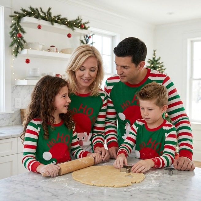 Famille assortie – rayures rouges/vertes « HO HO HO »