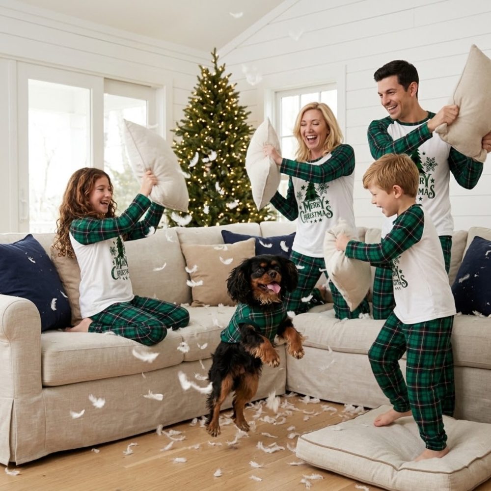 Famille + chien – carreaux verts + sapin