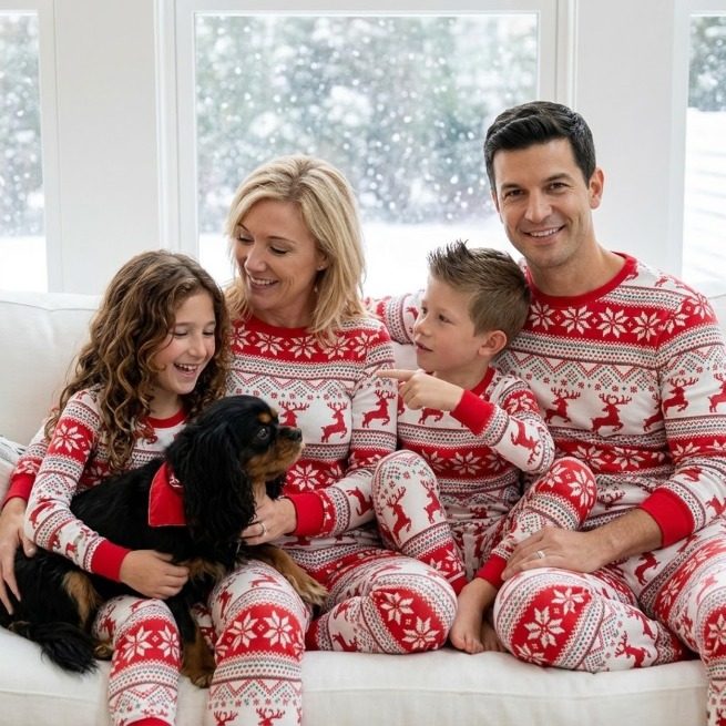Famille + chien – jacquard nordique rouge