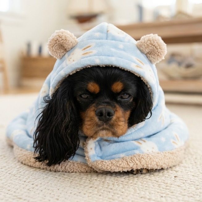 Plaid-cape à capuche bleu lapins pour chien