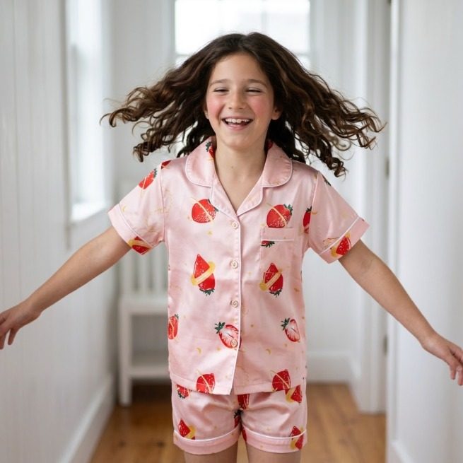 Pyjama court satin rose fraises