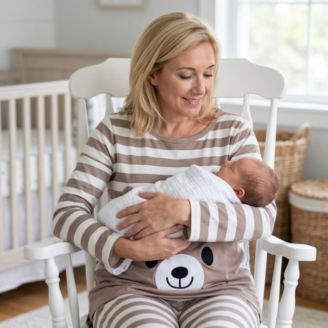Pyjama d'allaitement rayé taupe, panneau ourson