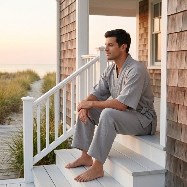 Pyjama kimono gaze de coton gris