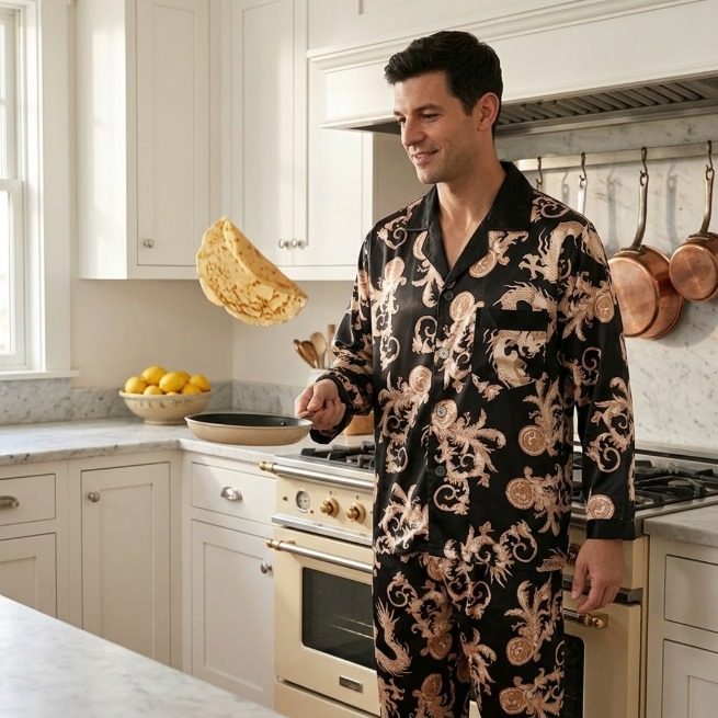 Pyjama satin noir imprimé dragons dorés