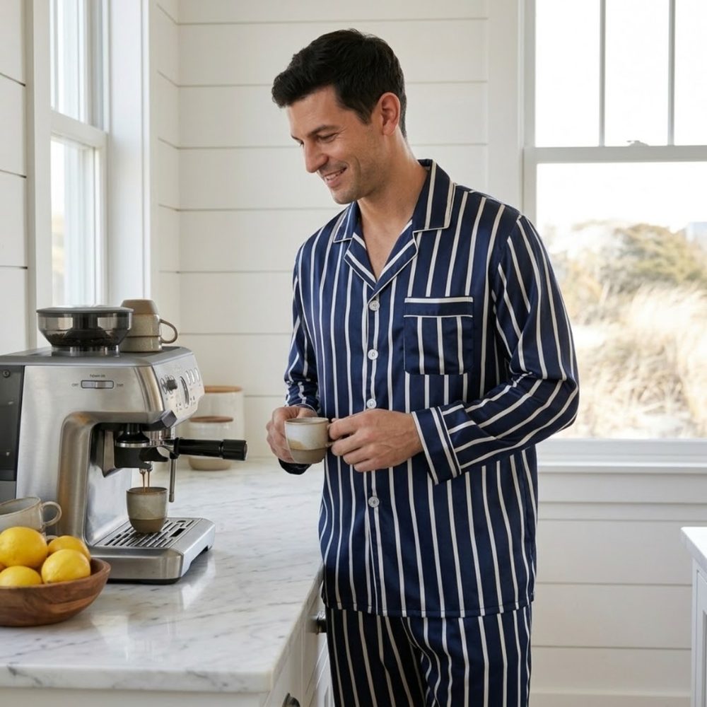 Pyjama satin rayé bleu marine