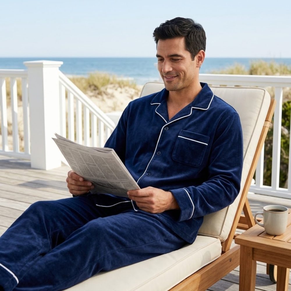 Pyjama velours bleu nuit passepoil blanc