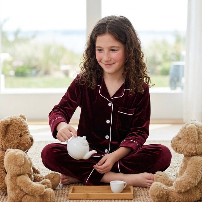 Pyjama velours bordeaux passepoil blanc (fille)